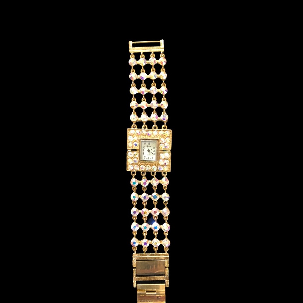 Vintage Bora Quartz Watch Square Face w Individually set Rhinestones Gold Links - Picture 5 of 12
